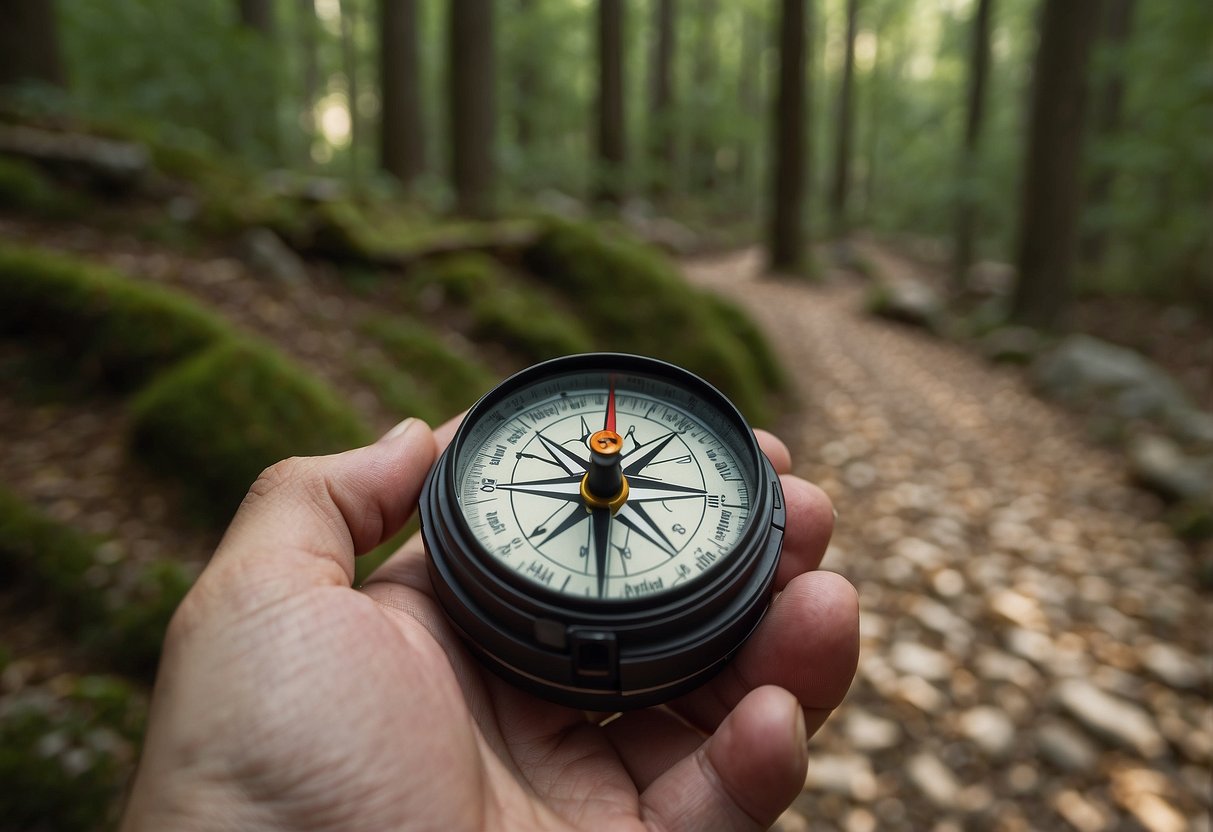 A compass pointing north on a map with various geocaching locations marked. A hand holding a GPS device with coordinates displayed. Trees and trails in the background