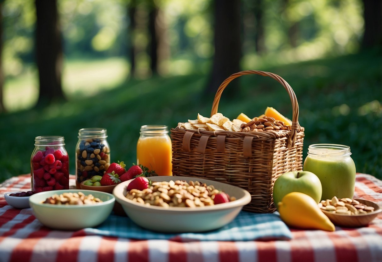 A picnic blanket laid out in a lush green forest, surrounded by trees and a clear blue sky. On the blanket, an assortment of tasty snacks like trail mix, granola bars, and fruit are neatly arranged in colorful containers