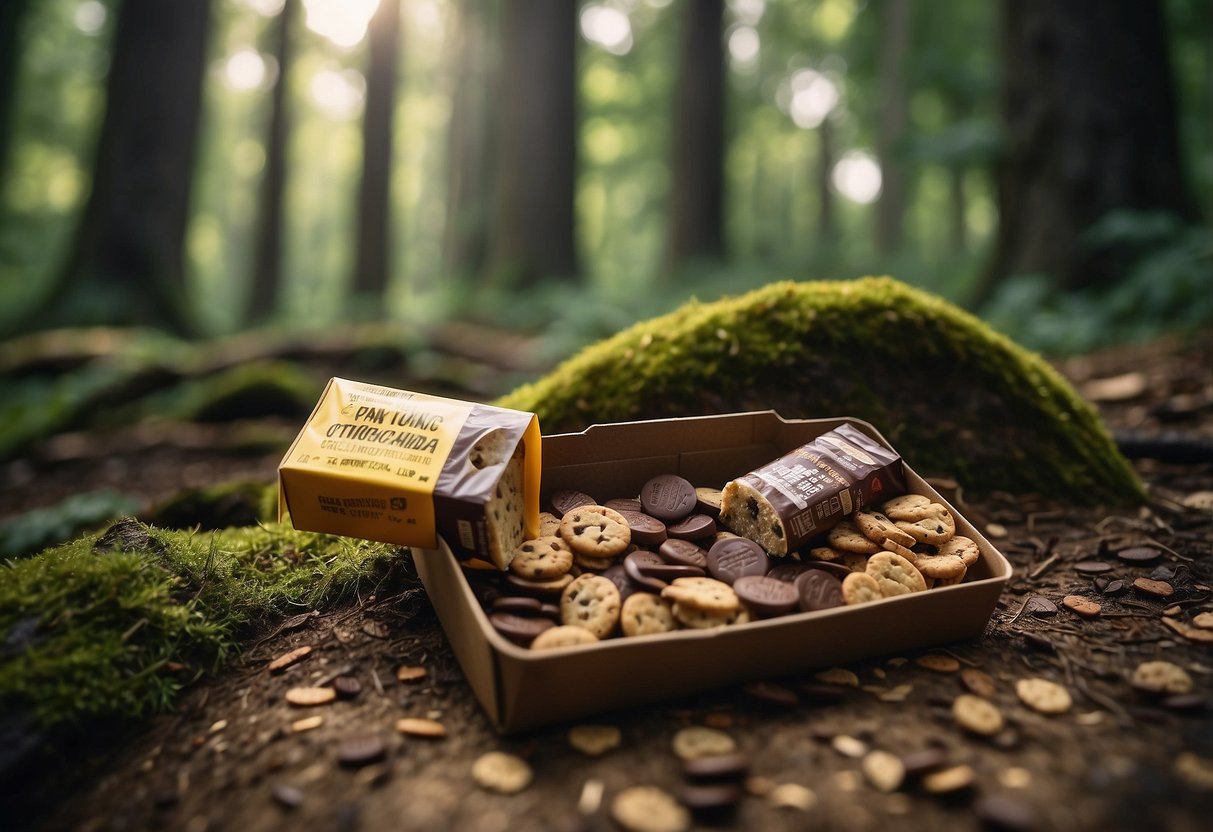 A geocaching scene with a Clif Bar Chocolate Chip surrounded by 10 delicious snacks on a forest floor