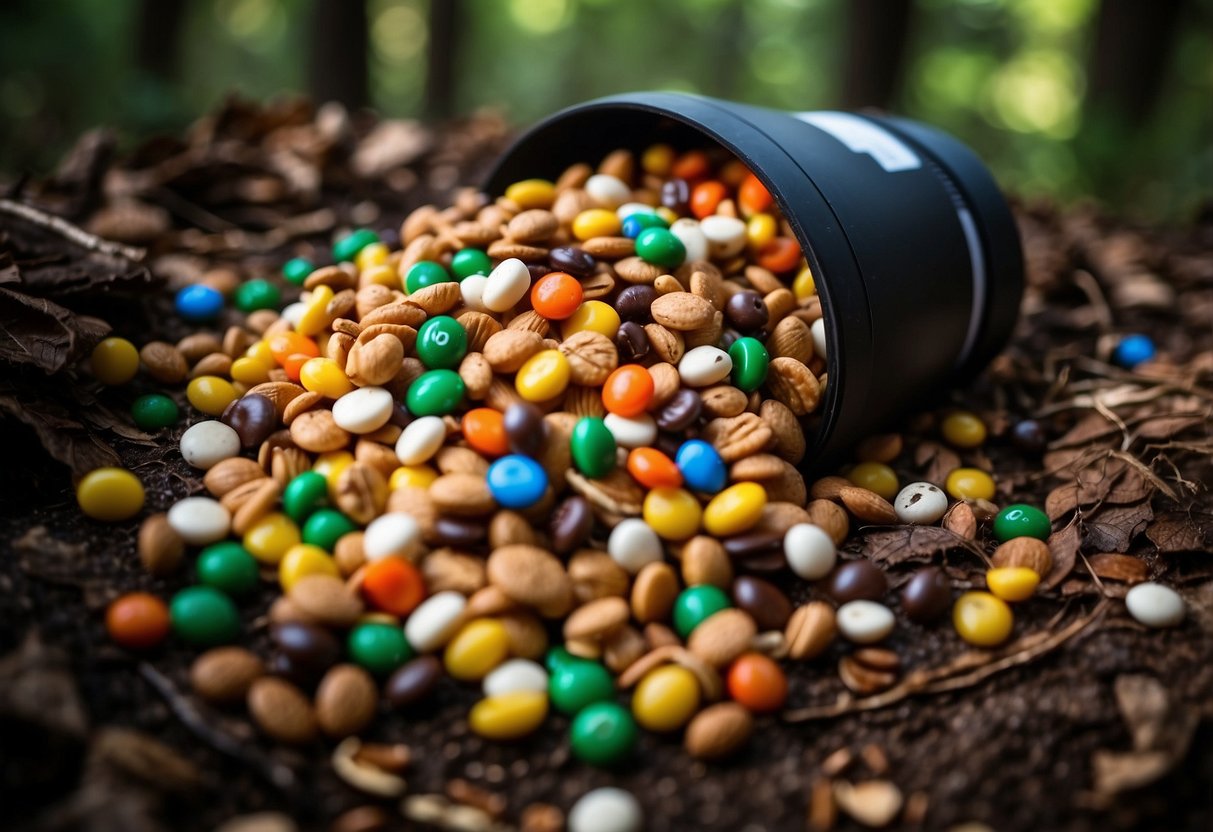 A pile of trail mix with colorful M&Ms, nuts, and dried fruit scattered on a forest floor, surrounded by trees and a GPS device