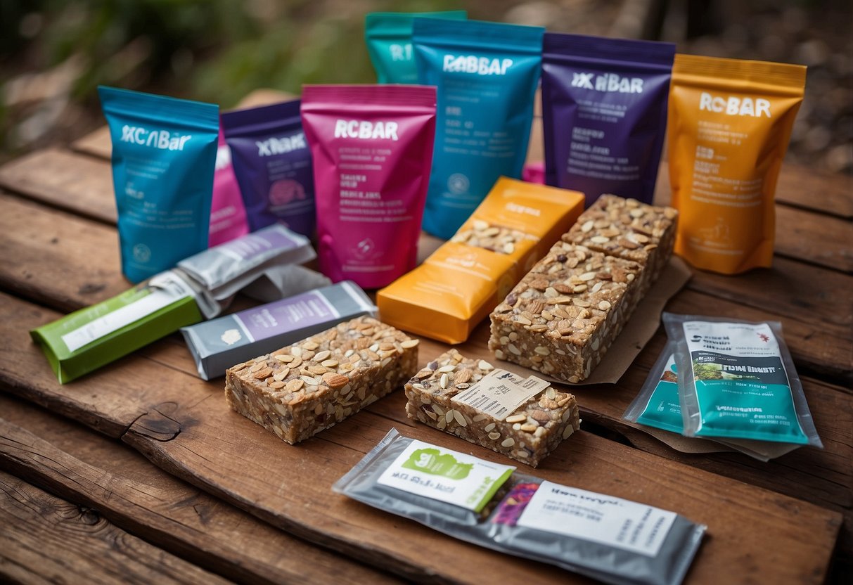 A colorful assortment of RXBAR protein bars arranged on a rustic wooden table, surrounded by hiking gear and a map, ready for a geocaching adventure