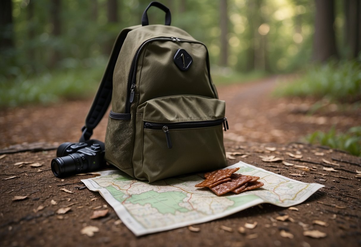 A backpack open on the ground, with a map, compass, and Jack Link's Beef Jerky snacks spilling out. Surrounding trees and a trail in the background