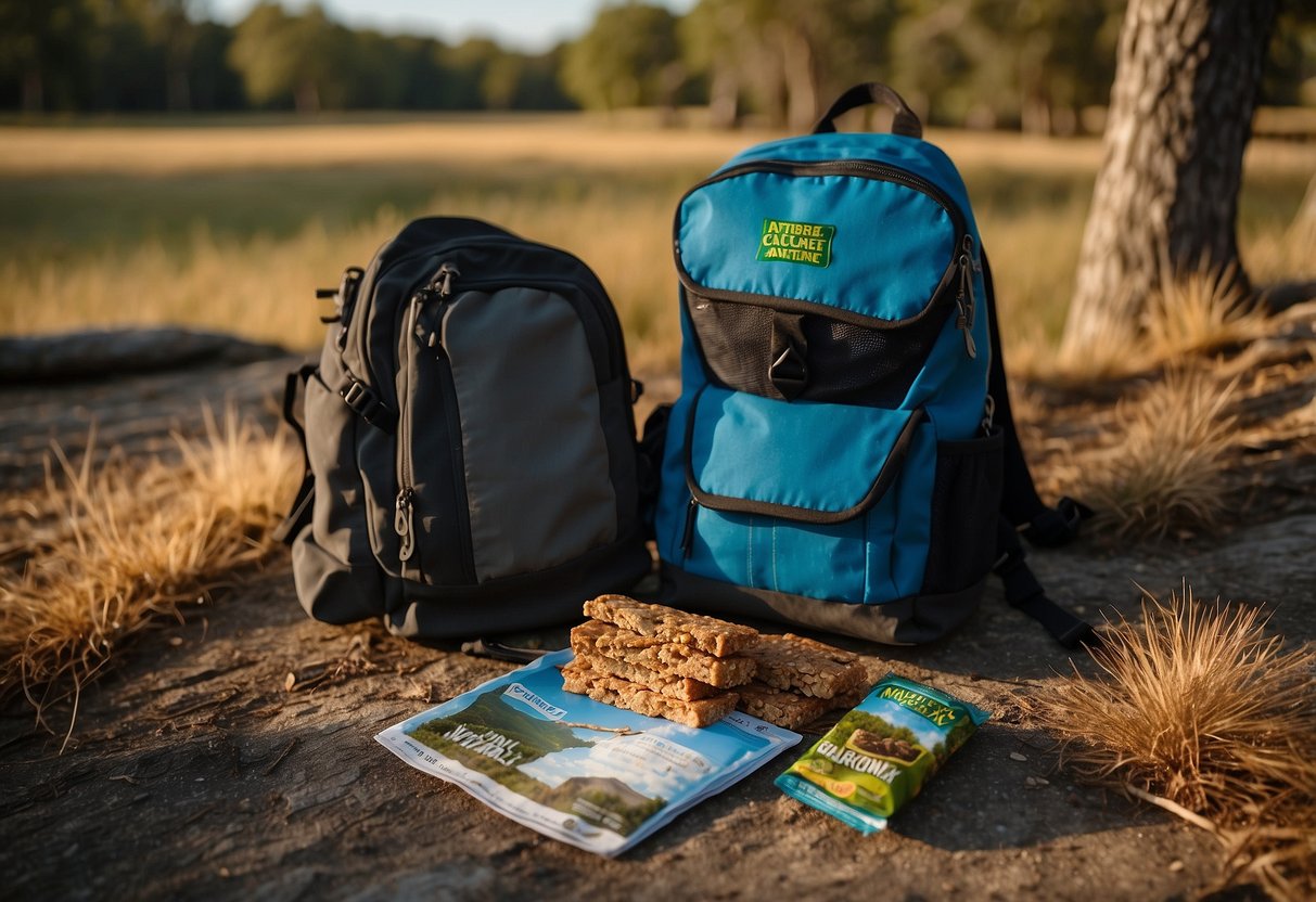 A backpack sits open on the ground, revealing a stash of Nature Valley Granola Bars and a map for a geocaching adventure. Surrounding the backpack are trees, rocks, and a clear blue sky