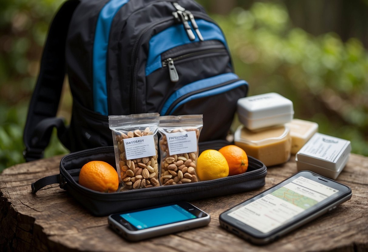 A colorful assortment of Kind Fruit & Nut Bars arranged in a backpack next to a GPS device and a map, ready for a geocaching adventure