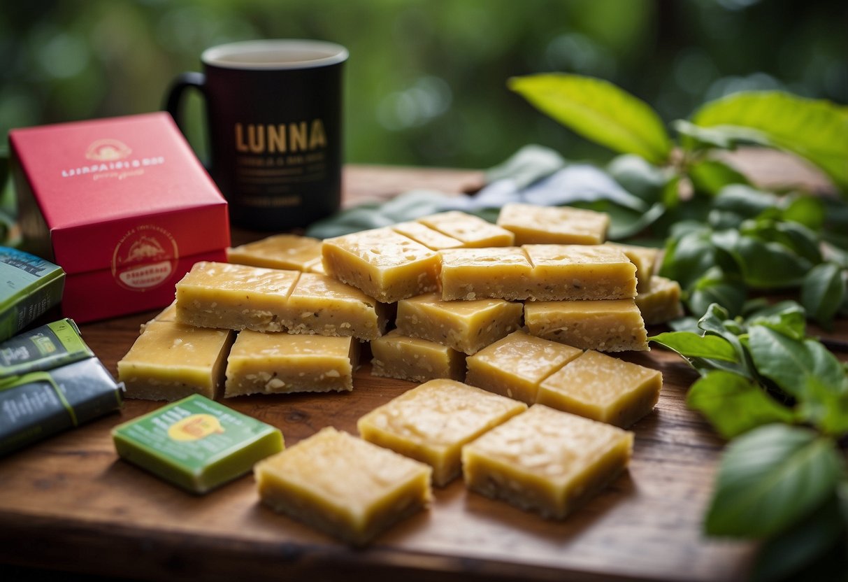 A colorful assortment of Luna LemonZest bars, surrounded by geocaching gear and a map, set against a backdrop of lush greenery and winding trails