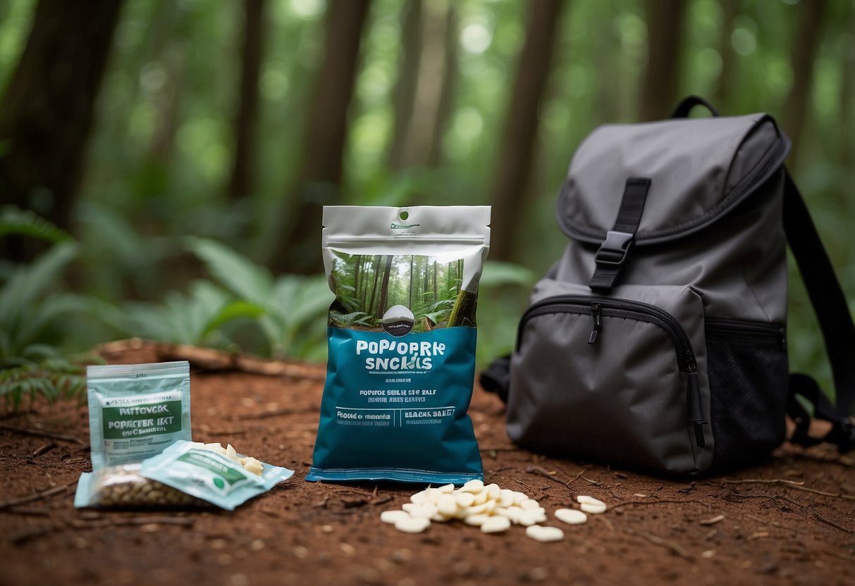 A bag of Popcorners Sea Salt snacks sits next to a geocaching kit in a lush forest setting, surrounded by trees and hidden treasures