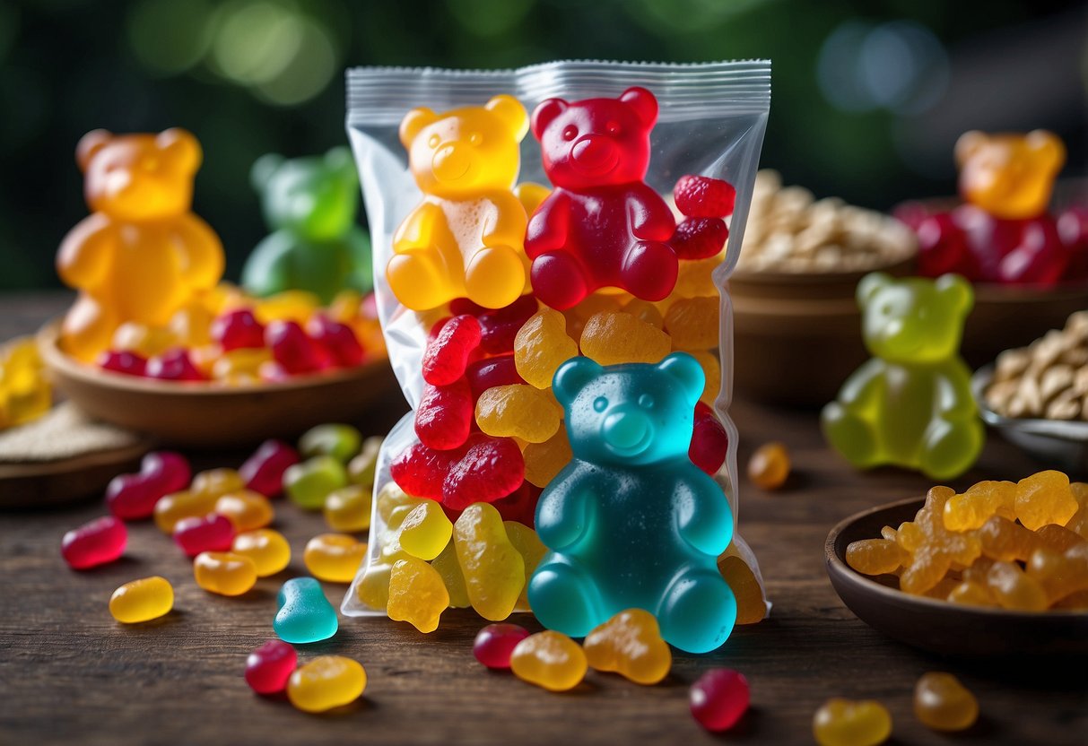 A colorful bag of SmartSweets Gummy Bears sits among a variety of snacks, ready to be packed for a geocaching trip