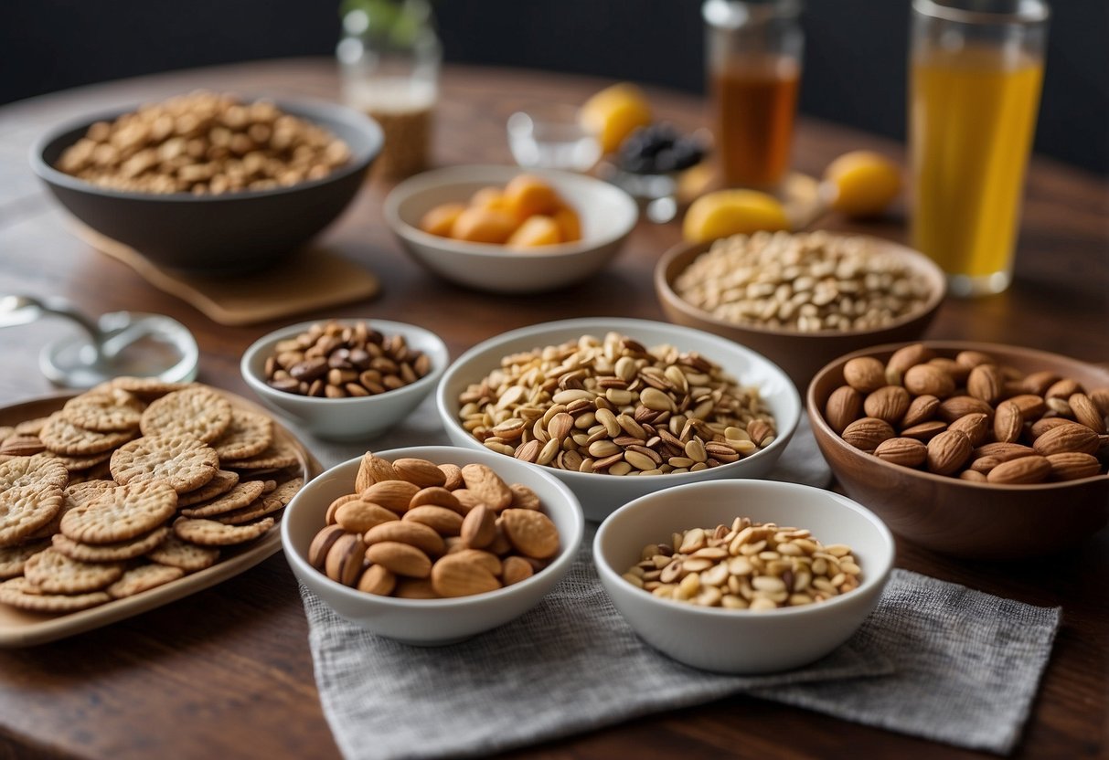 A table spread with an assortment of healthy snacks: nuts, dried fruits, granola bars, and water bottles. A map and compass lay nearby