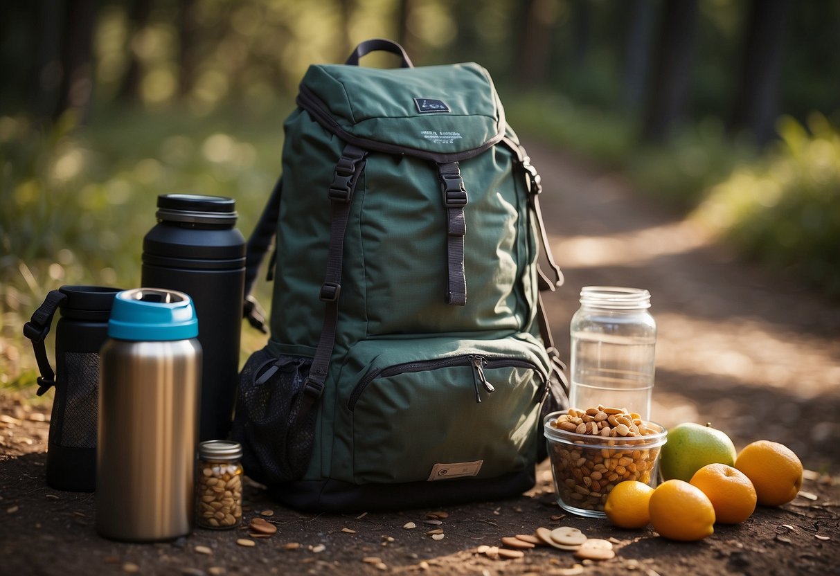 A backpack open on the ground, with a water bottle, trail mix, granola bars, and fruit laid out. A map and compass sit nearby