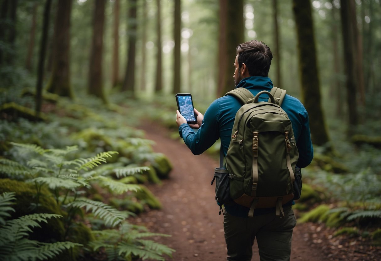 A person walking through a forest, holding a GPS device and a backpack. They are carefully scanning the area for hidden geocaches, while following safety tips