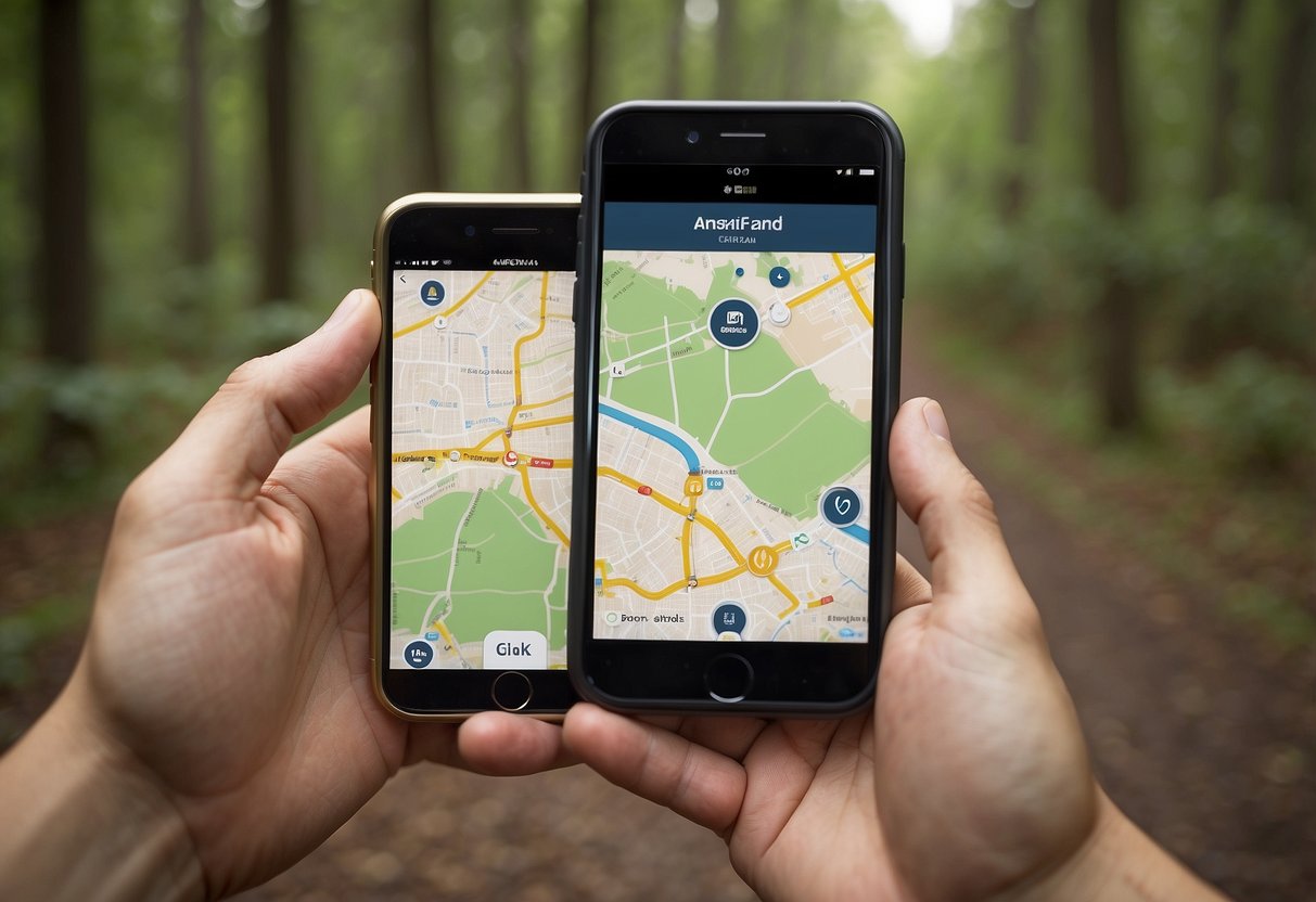 A hand holding a smartphone, with a map app open and a location-sharing feature activated. The background could include outdoor elements like trees or a trail to indicate geocaching