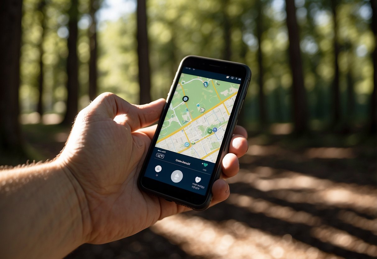 A hand holds a GPS device and a backup map while standing in a wooded area. The sun shines through the trees, casting dappled shadows on the ground