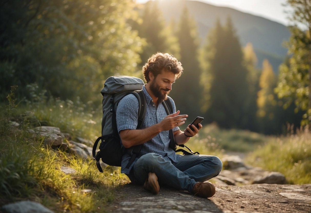 A sunny day with scattered clouds, a solo geocacher checks the weather forecast on their phone before setting out on their adventure. A backpack and GPS device sit nearby