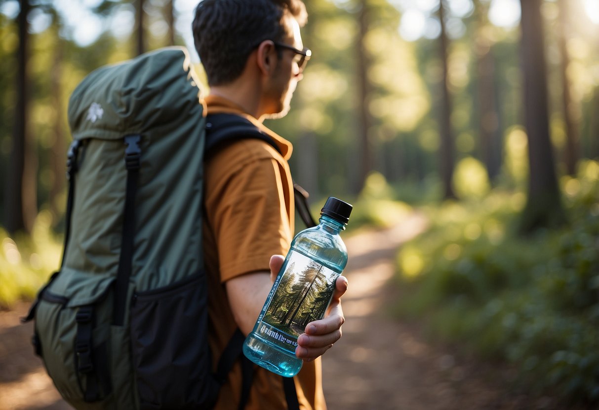 A person's hand holding a water bottle while standing next to a geocaching map and a backpack. Sun shining, trees in the background