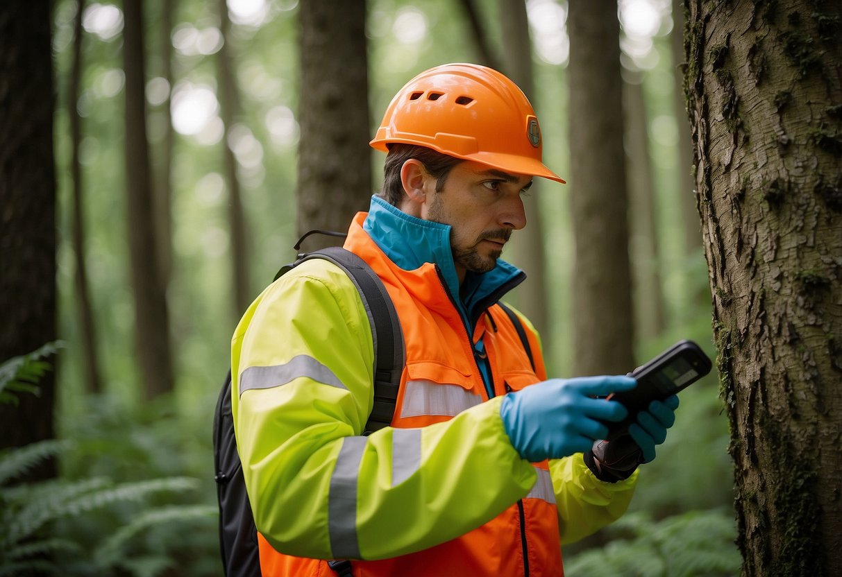 A figure wearing high-visibility clothing stands in a wooded area, holding a GPS device and looking around for a geocache. The surrounding trees and foliage are depicted in detail, with the figure as the focal point