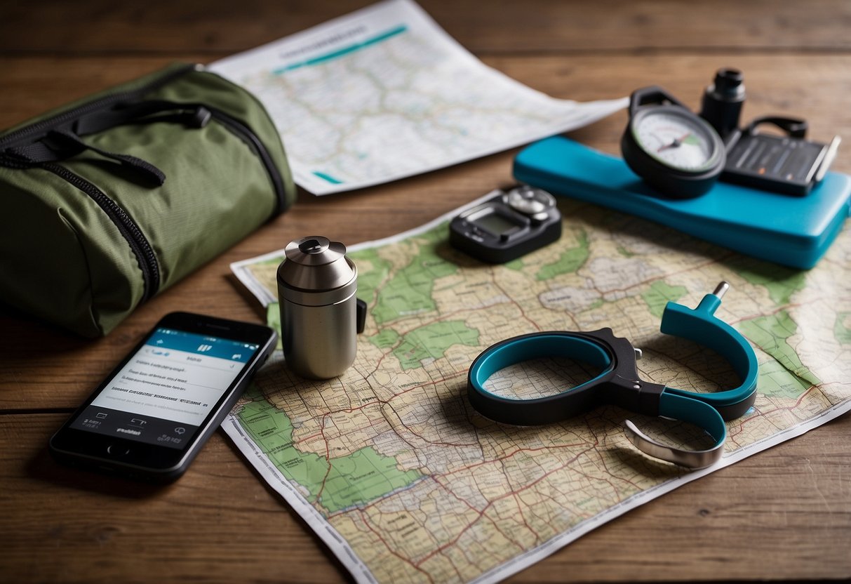 A map laid out on a table with a compass, flashlight, and first aid kit nearby. A smartphone displaying a geocaching app and a checklist of safety tips