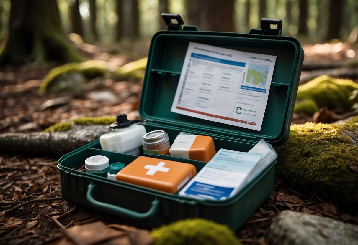 A first aid kit sits open on a forest floor, surrounded by geocaching tools and safety gear. A map and compass are nearby, along with a checklist of safety tips