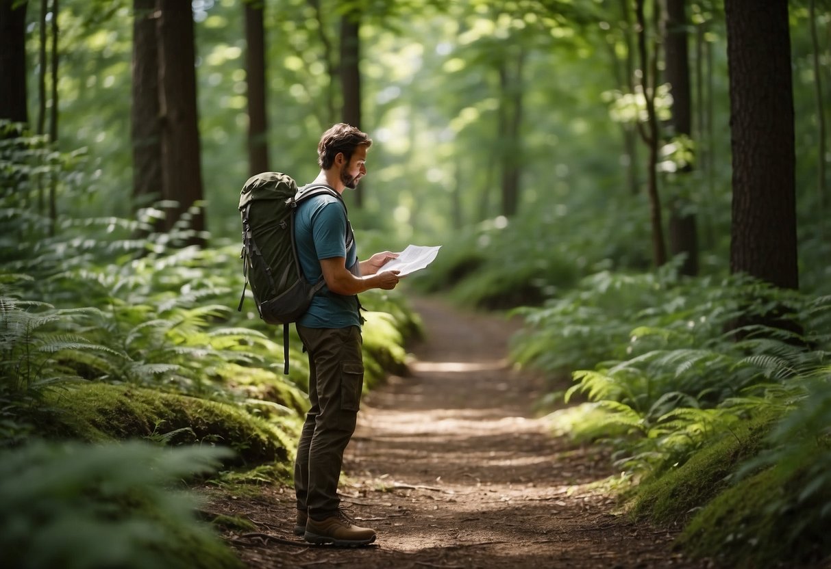 A hiker stands at a trail junction, examining a map and GPS device. The surrounding area is lush with trees and foliage, with a clear path leading in multiple directions