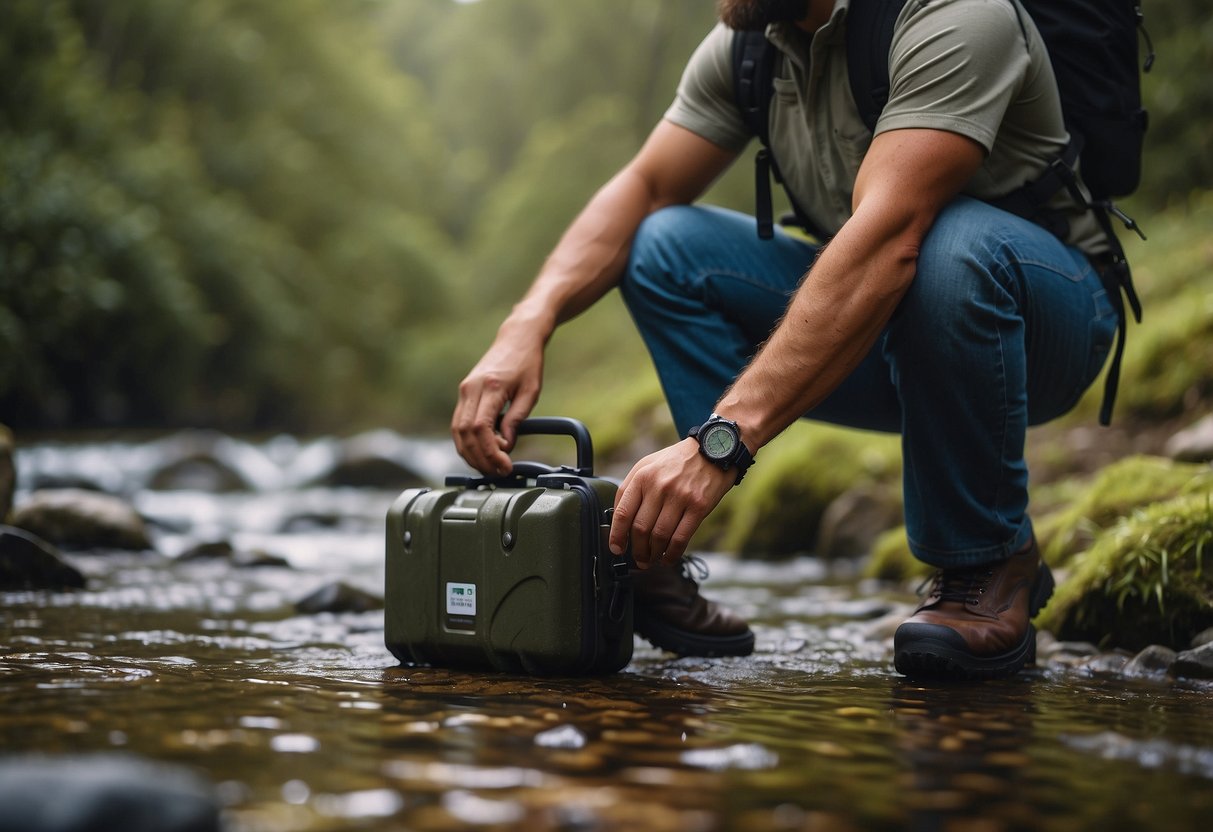 A lone geocacher follows safety tips: sturdy shoes, GPS, water, first aid kit, and tells someone the plan. They avoid risky areas and stay aware of surroundings