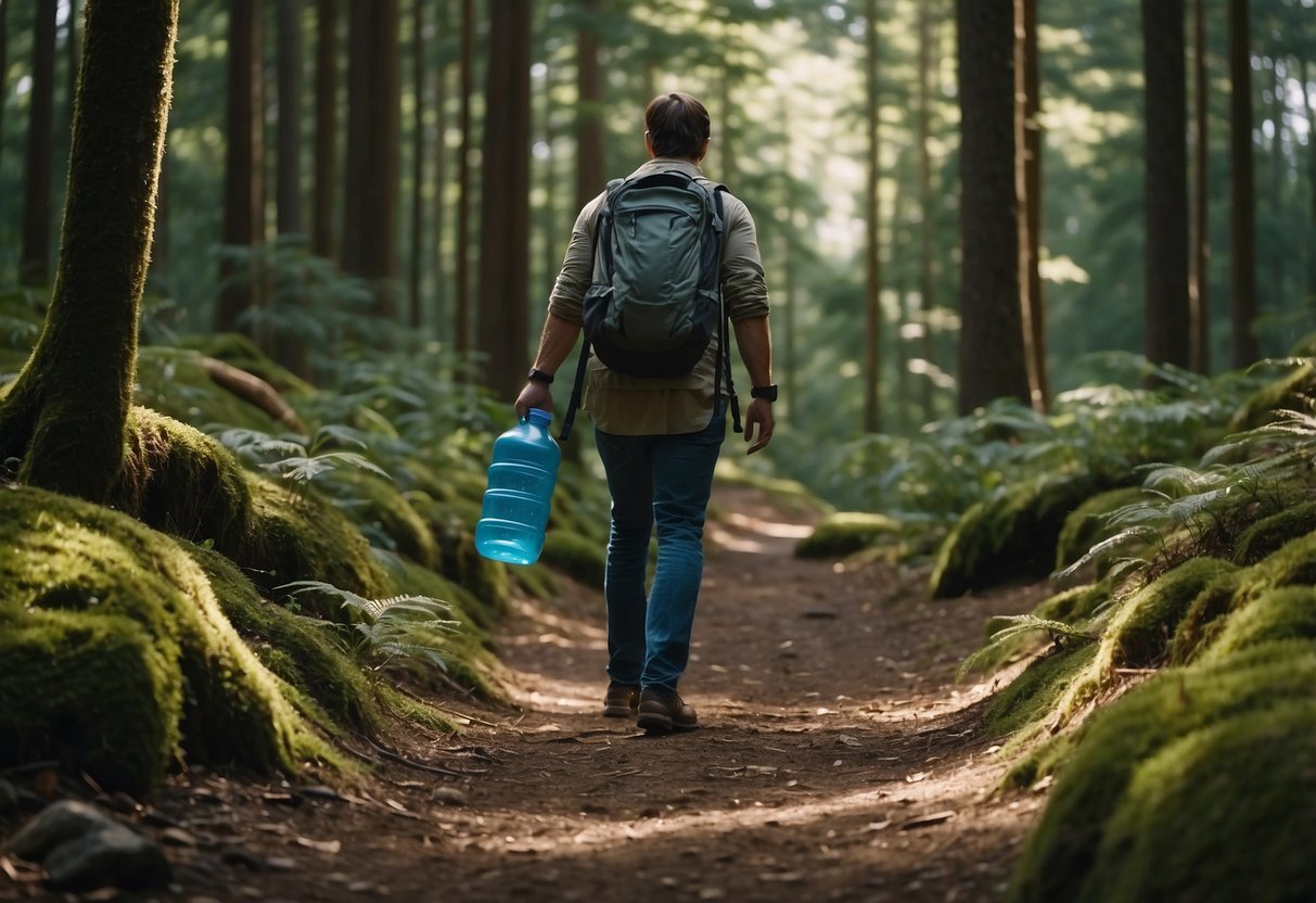 A forest trail with a geocacher picking up litter, using a reusable water bottle, carrying a trash bag, and leaving no trace. Wildlife and greenery surround the scene