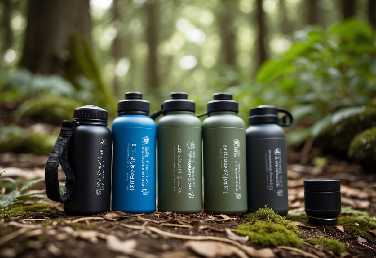 A group of reusable water bottles placed next to a geocaching kit, surrounded by nature and wildlife. The bottles are labeled with eco-friendly slogans