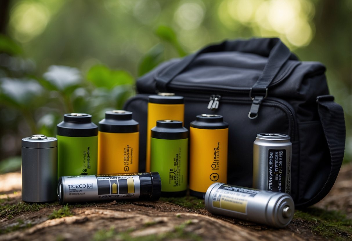 Rechargeable batteries arranged near geocaching equipment in a natural setting, surrounded by eco-friendly items like reusable containers and biodegradable materials