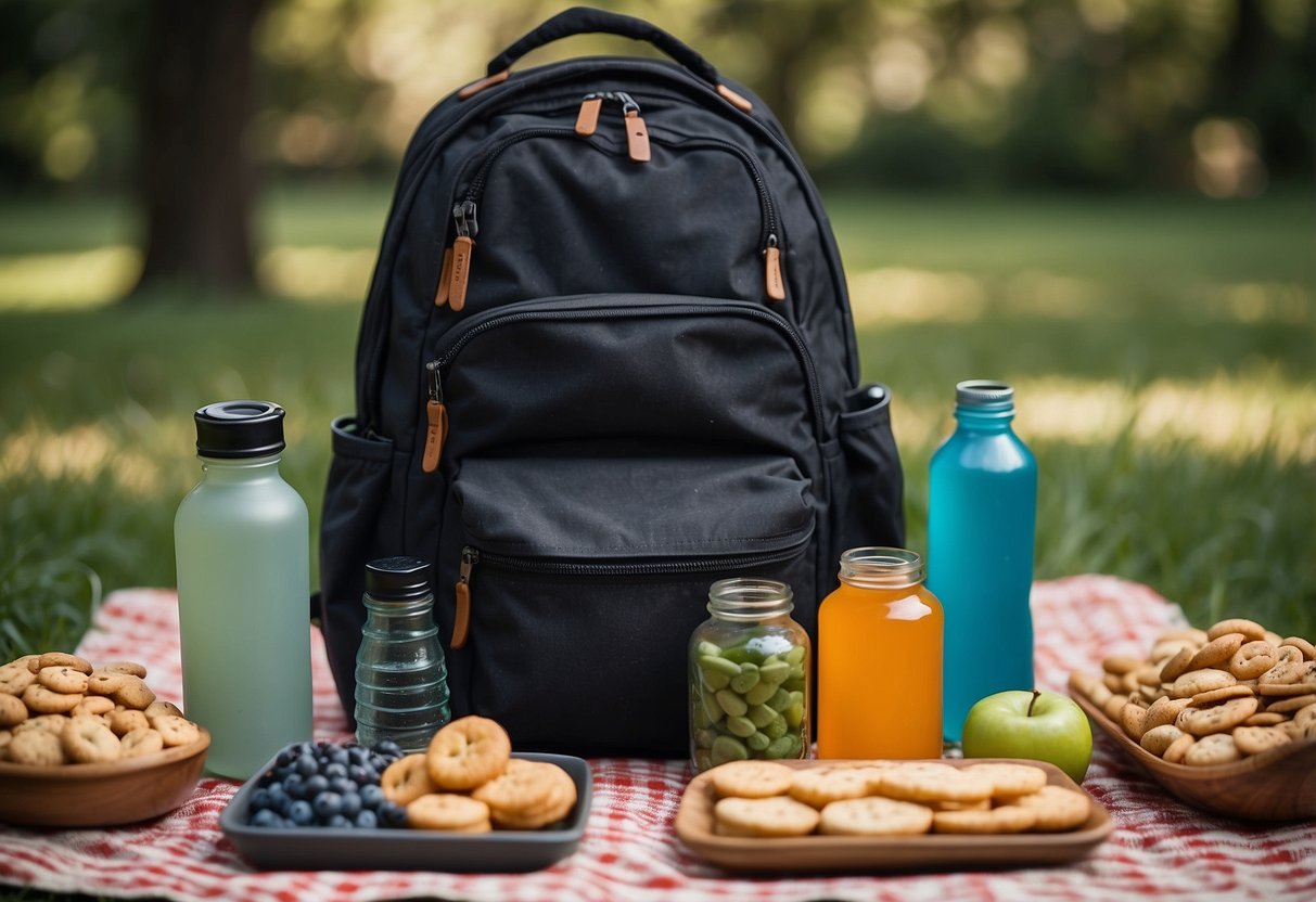 A backpack filled with reusable containers of healthy snacks, a refillable water bottle, and biodegradable utensils laid out on a picnic blanket in a natural setting