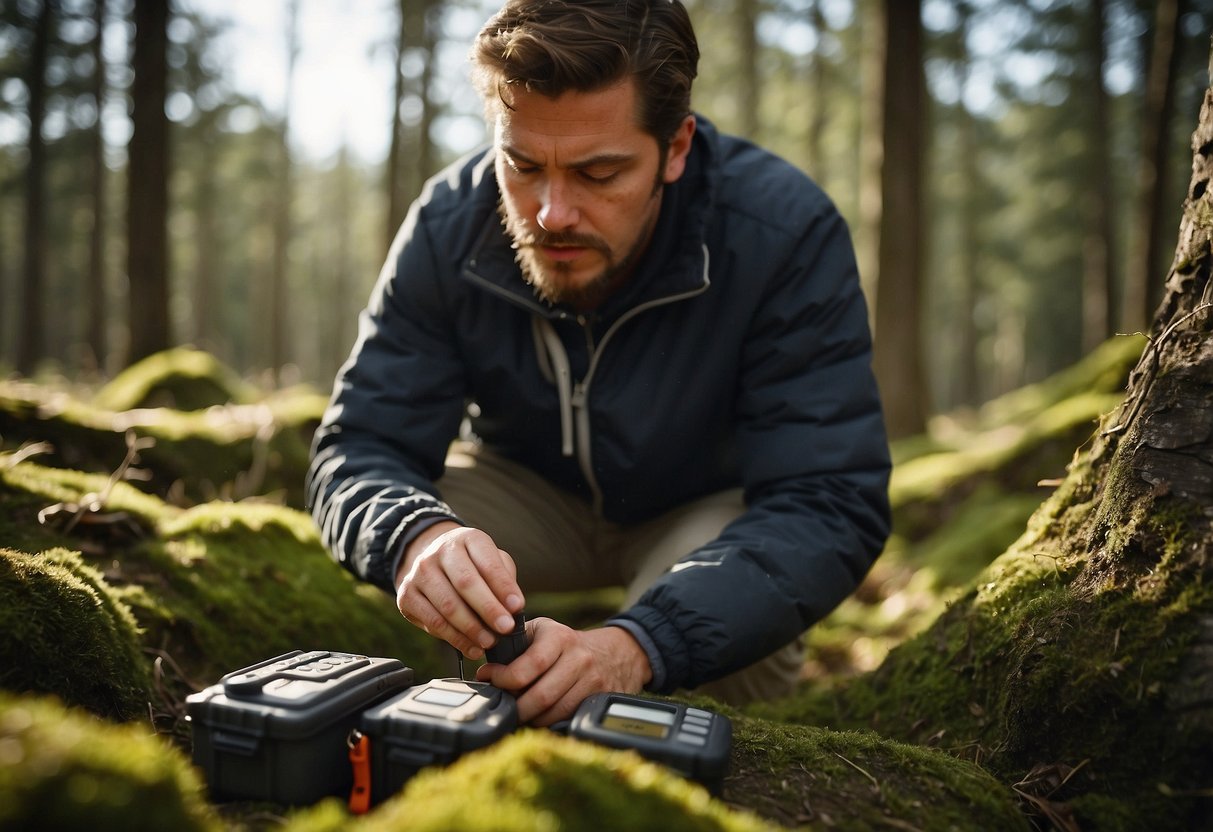 A geocacher places a cache in a natural setting, using minimal impact techniques and biodegradable materials. They carefully document the coordinates and leave the area undisturbed