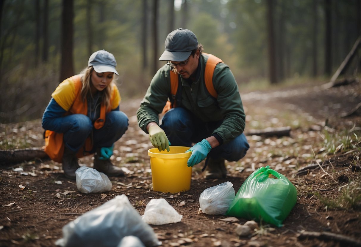 Geocachers cleaning up litter, recycling, and using reusable containers in a natural setting