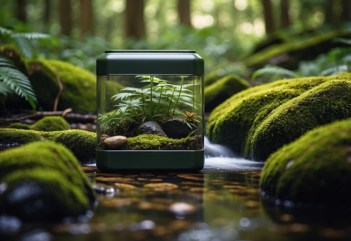 A lush forest with a clear stream, surrounded by diverse plant life. A geocache container sits hidden among rocks, leaving no trace of human presence