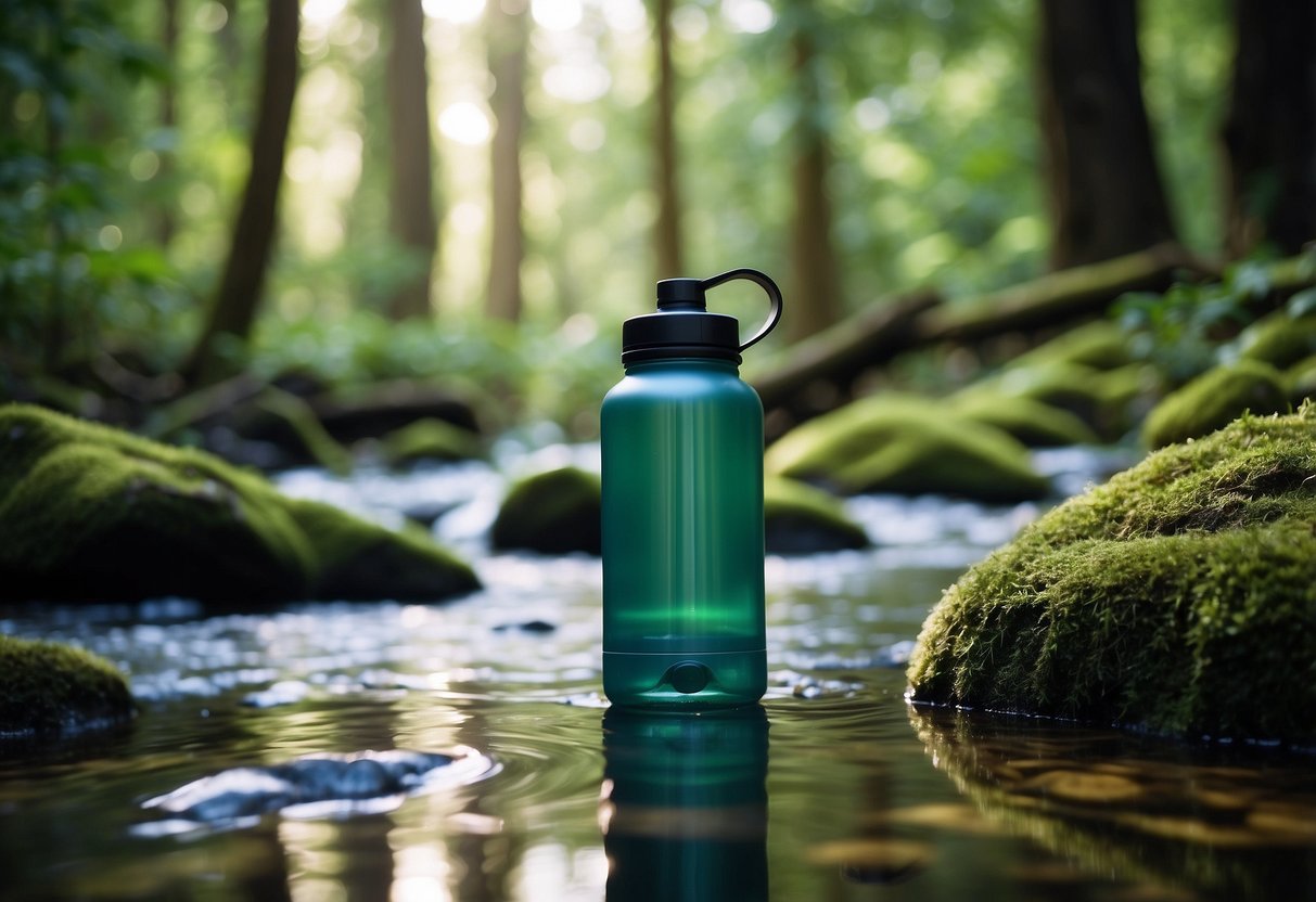 A lush forest with a clear stream, birds chirping, and a geocacher using a reusable water bottle and biodegradable containers. No litter or damage to the natural environment