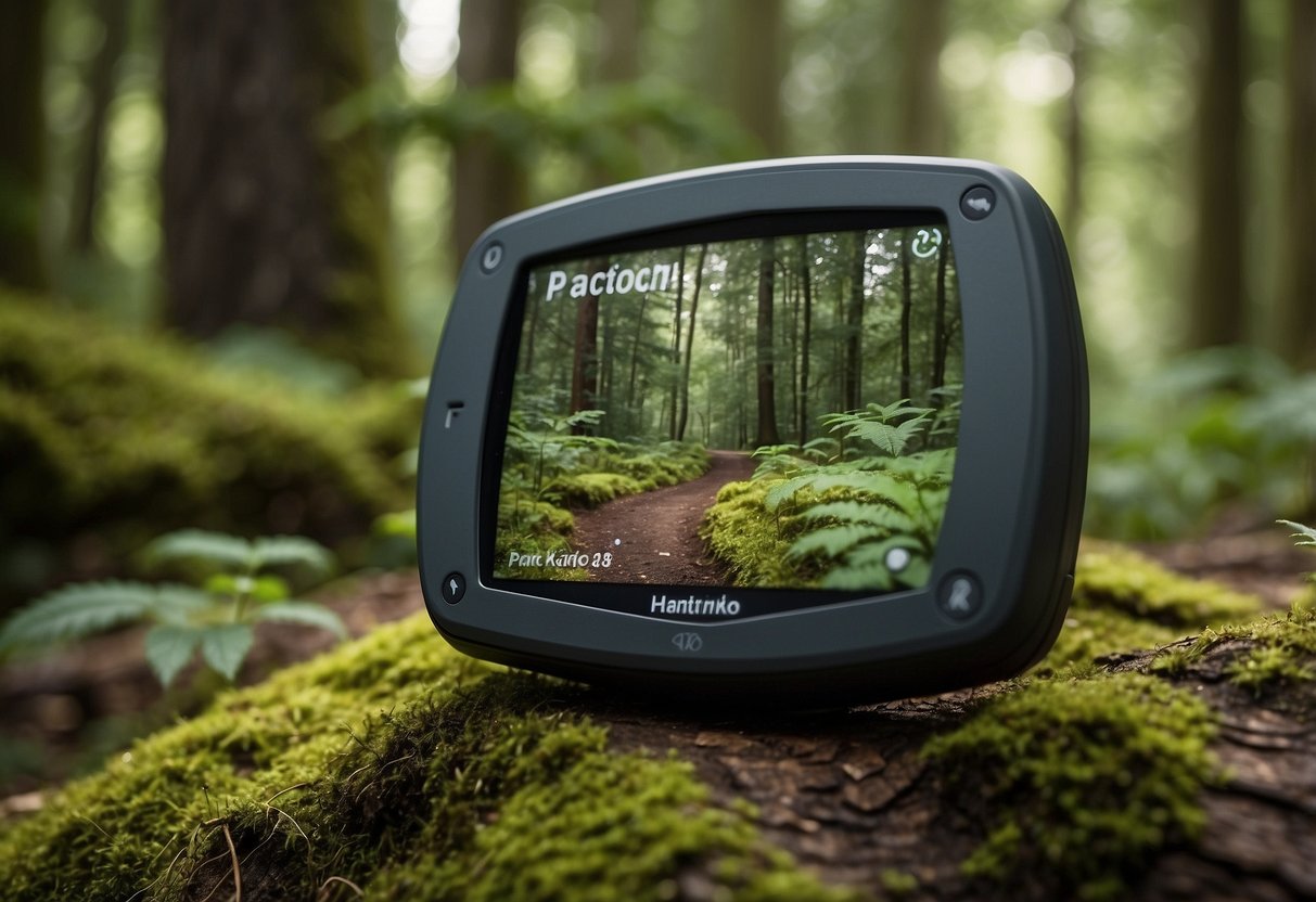 A lush forest with a winding trail, leading to a hidden treasure chest nestled among the trees. A GPS device and map are nearby, hinting at the adventure awaiting geocaching beginners