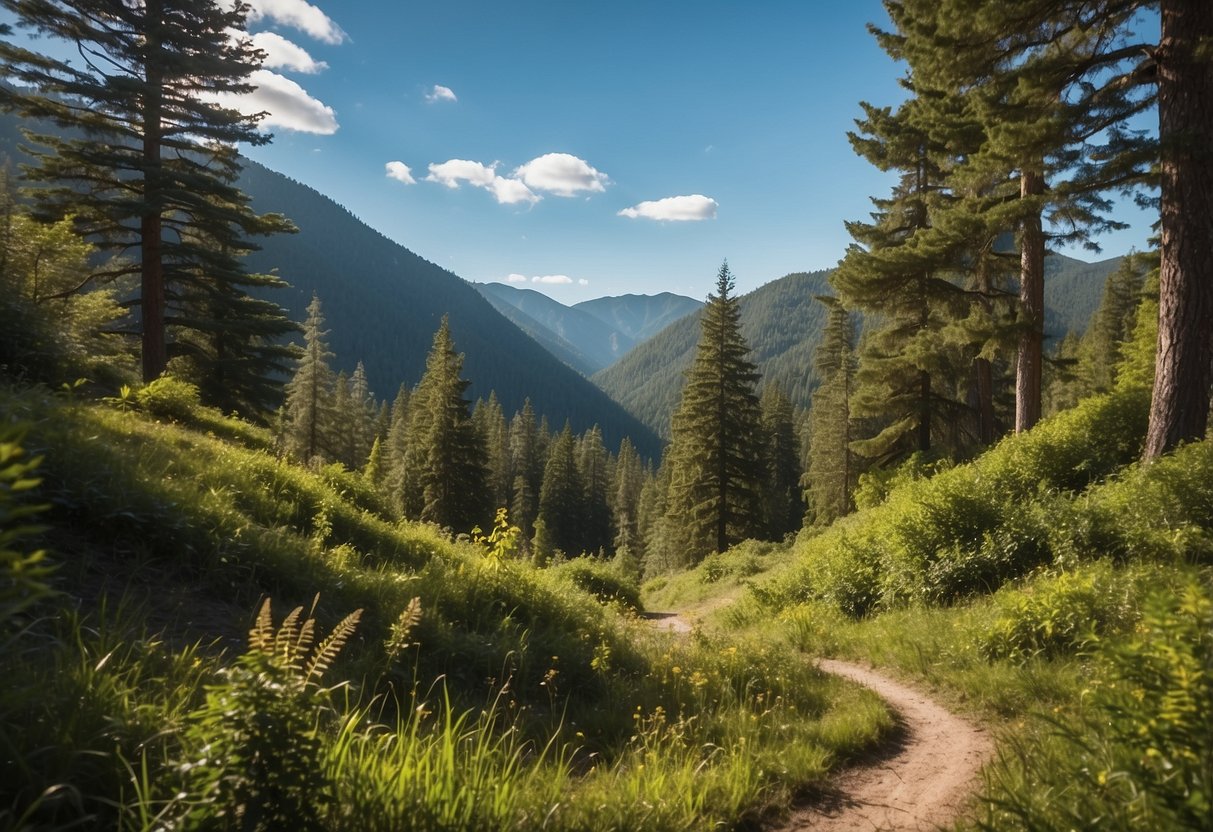 Lush forest with winding trails, hidden caches, and rolling mountains in the backdrop. Blue skies and vibrant foliage create a picturesque setting for geocaching