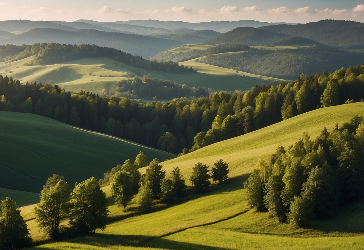 A lush, green landscape with rolling hills and dense forests, dotted with hidden geocaches waiting to be discovered. The Geisskopf, Germany offers a perfect setting for beginners to explore the exciting world of geocaching