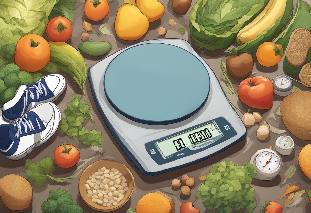 How to Lose Weight Without Tracking: A scale sits abandoned, surrounded by untouched healthy foods and a pair of running shoes