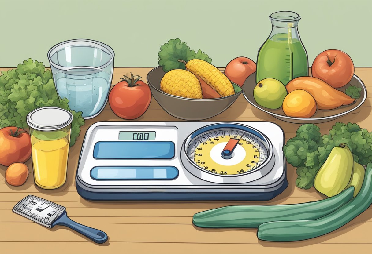 How to Lose Weight Without Tracking: A scale sits alone, surrounded by measuring tape and a healthy meal