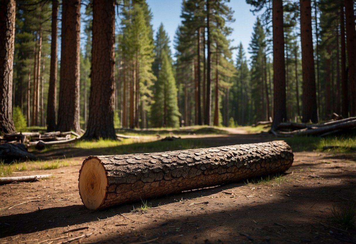 Sunlight filters through tall pine trees in Yellowstone National Park, casting dappled shadows on the forest floor. A geocache container is hidden beneath a fallen log, waiting to be discovered by beginners