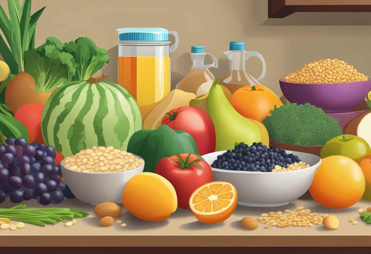 How to Lose Weight Without Tracking: A colorful array of fresh fruits, vegetables, whole grains, and lean proteins arranged on a kitchen counter, with a measuring tape and scale nearby