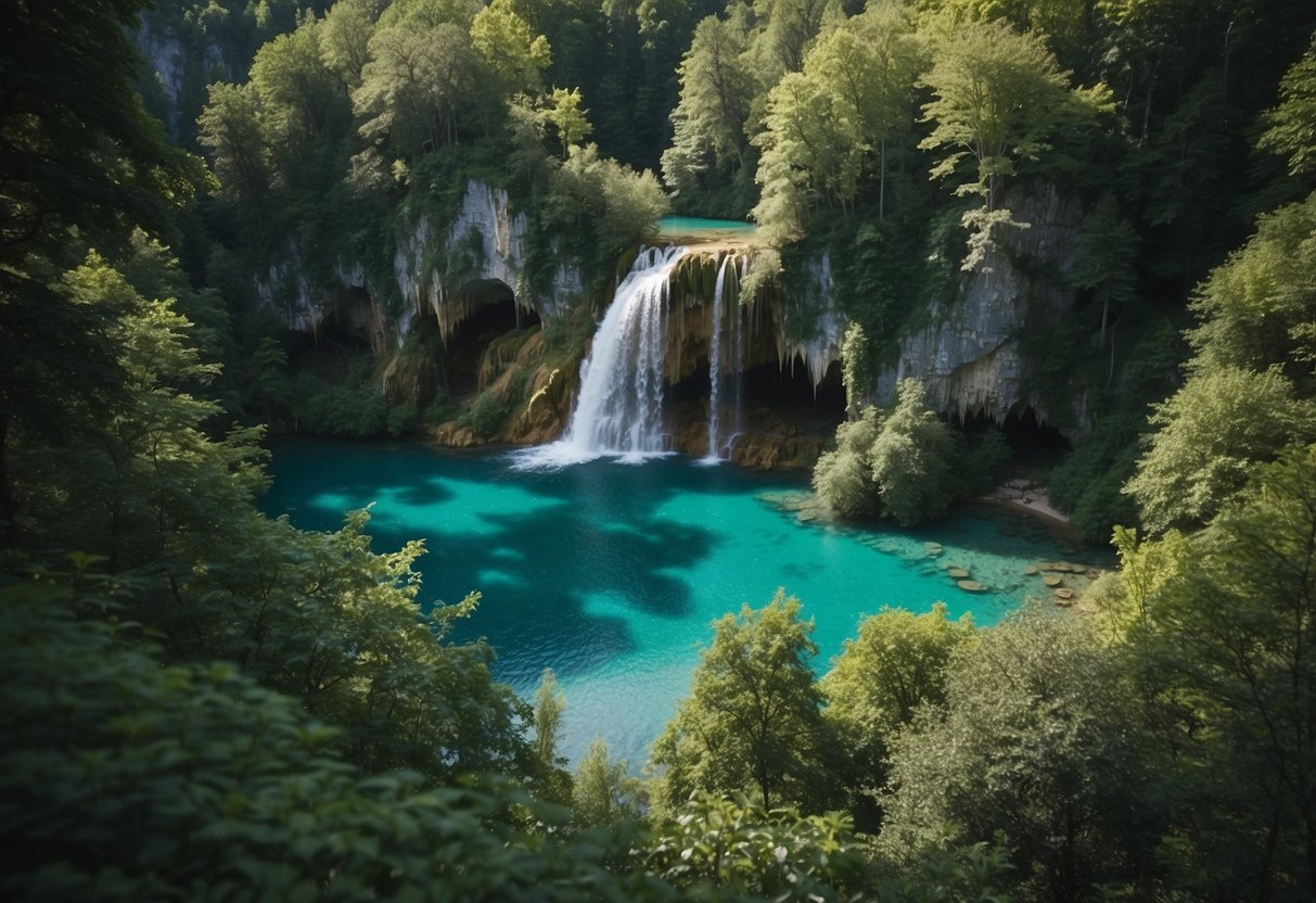 Crystal clear turquoise lakes surrounded by lush green forests and cascading waterfalls in Plitvice Lakes National Park, Croatia