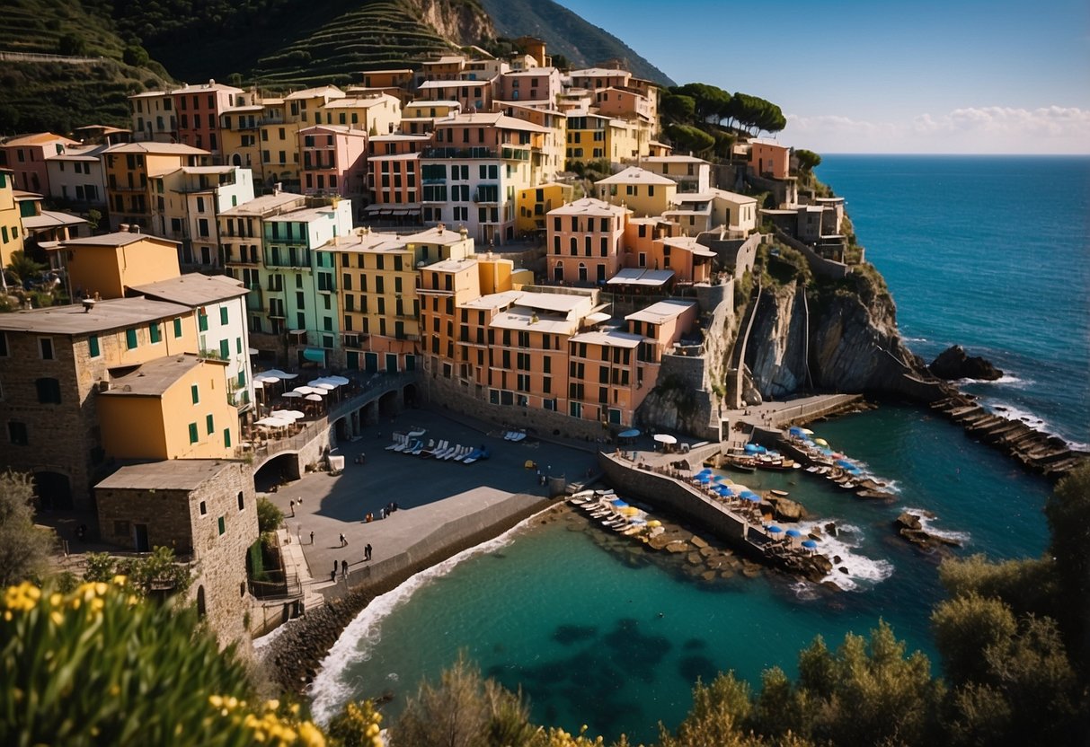 The colorful buildings of Cinque Terre cascade down the rugged cliffs, overlooking the crystal-clear waters of the Ligurian Sea