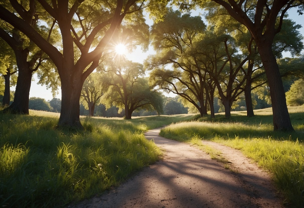 A sunny park with a winding trail leading to a hidden cache under a large tree, surrounded by lush greenery and a clear blue sky