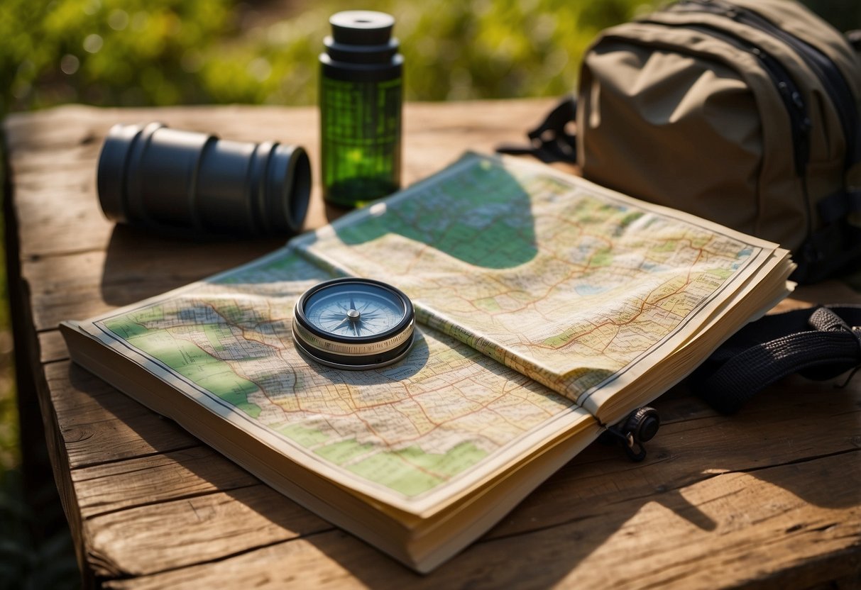 A map and compass lay on a rustic wooden table, surrounded by a backpack, water bottle, and various geocaching tools. The table is bathed in warm sunlight, with a lush forest visible through the window in the background