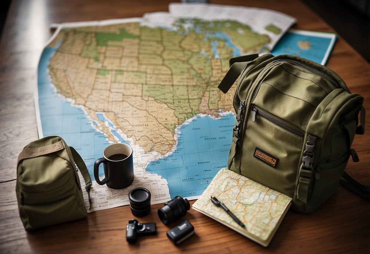 A map spread out on a table with pins marking geocaching locations. A notebook with trip plans and a backpack filled with supplies nearby