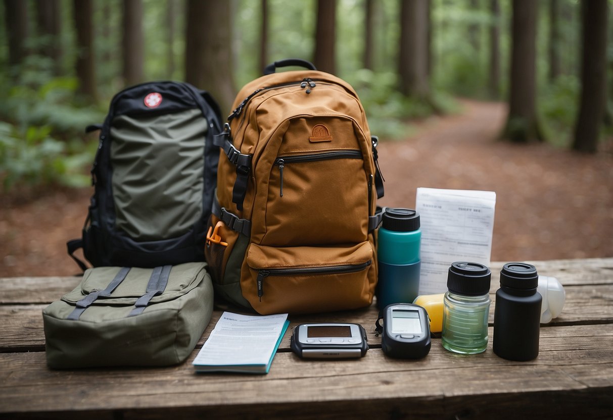 A backpack filled with maps, GPS devices, water bottles, and snacks sits next to a pair of hiking boots and a first aid kit. A notebook with a list of geocaching coordinates is open on a table