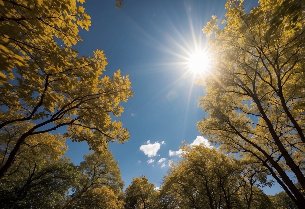 The sun shines brightly in a clear blue sky, with scattered white clouds. A gentle breeze rustles the leaves on the trees, as the temperature hovers around 70 degrees Fahrenheit