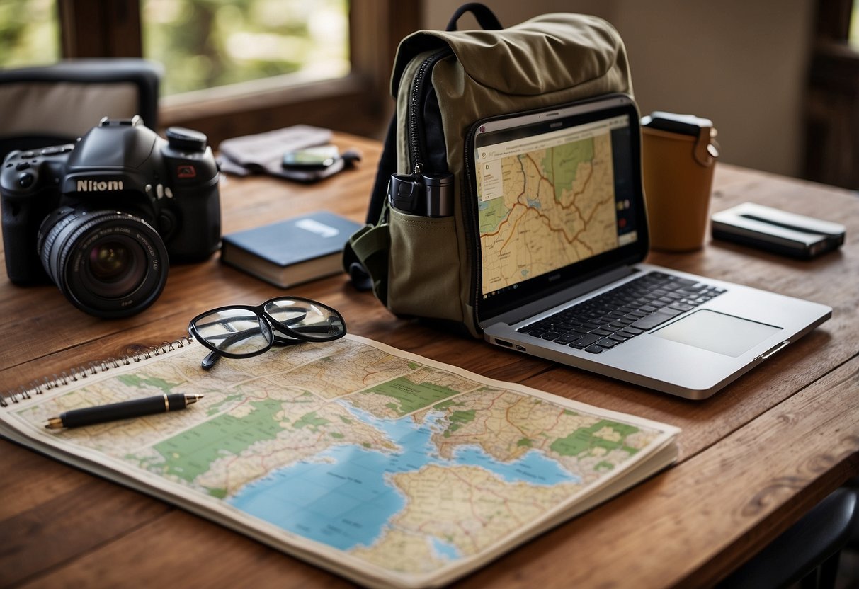 A table with a laptop displaying a map app, surrounded by notebooks, pens, and a compass. A backpack and hiking boots sit nearby