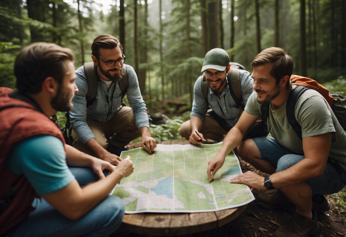 A group of geocachers gather around a map, planning a multi-day trip. They discuss routes and strategies, exchanging tips and advice. Excitement fills the air as they prepare for the adventure ahead