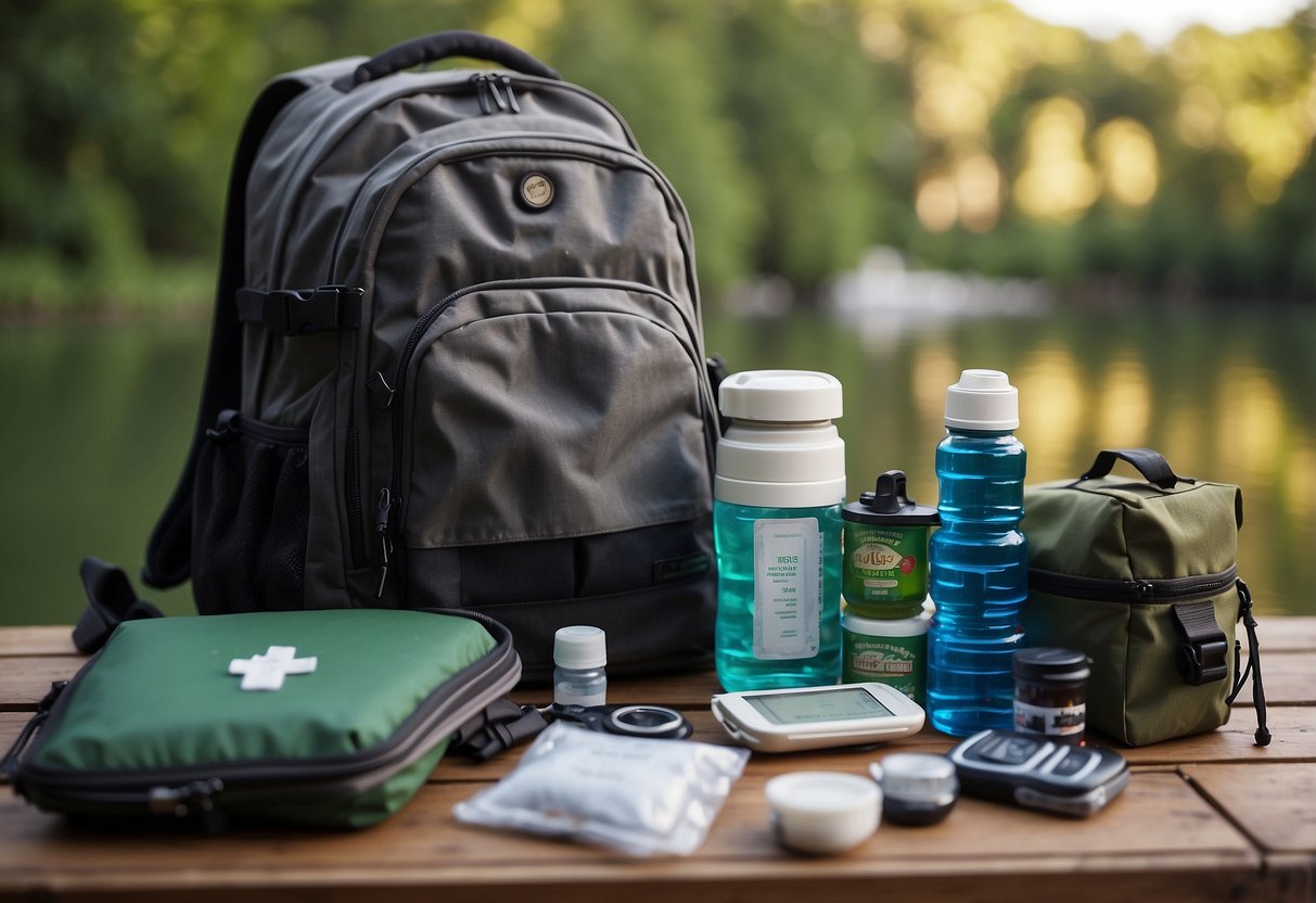 A backpack, map, compass, and GPS device laid out on a table, surrounded by a first aid kit, water bottles, and energy snacks