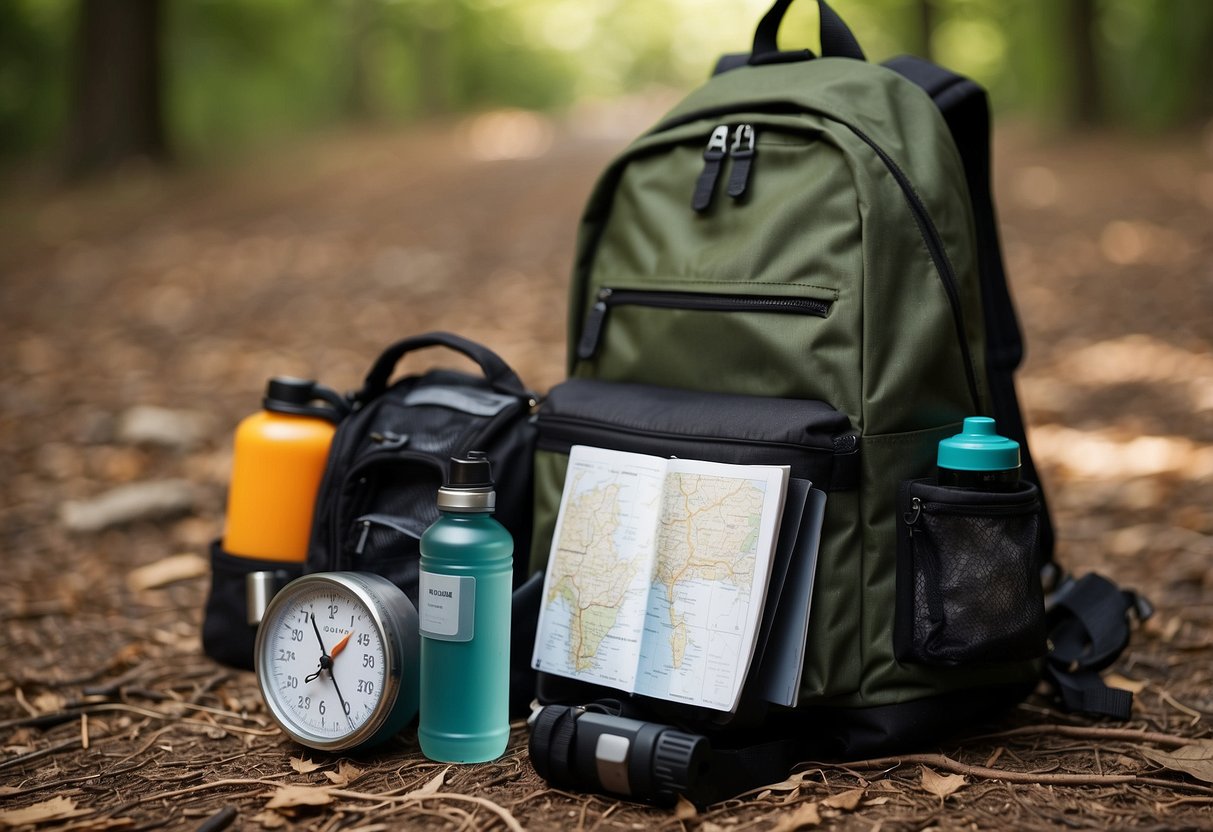 A backpack open on the ground with a map, compass, GPS device, water bottle, snacks, and a first aid kit laid out. A notebook and pen are nearby