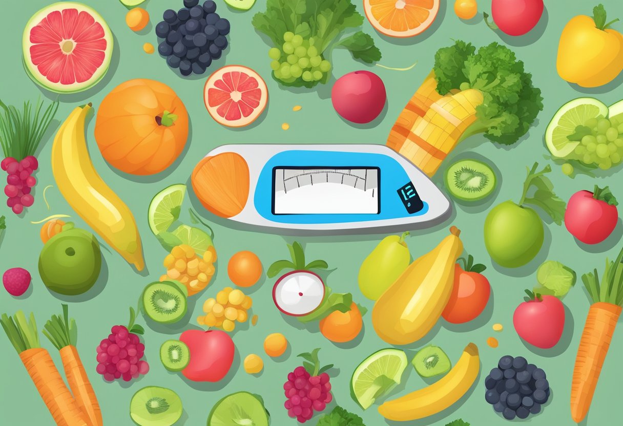 Fun Ways to Track Weight Loss: A scale surrounded by colorful fitness trackers and a tape measure, with healthy fruits and vegetables scattered around